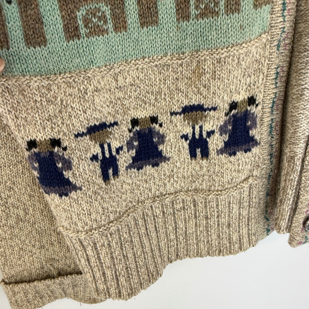 Woolrich Cardigan Sweater Women M Tan Intarsia Folk Art Geese Apple Carriage - Picture 8 of 12